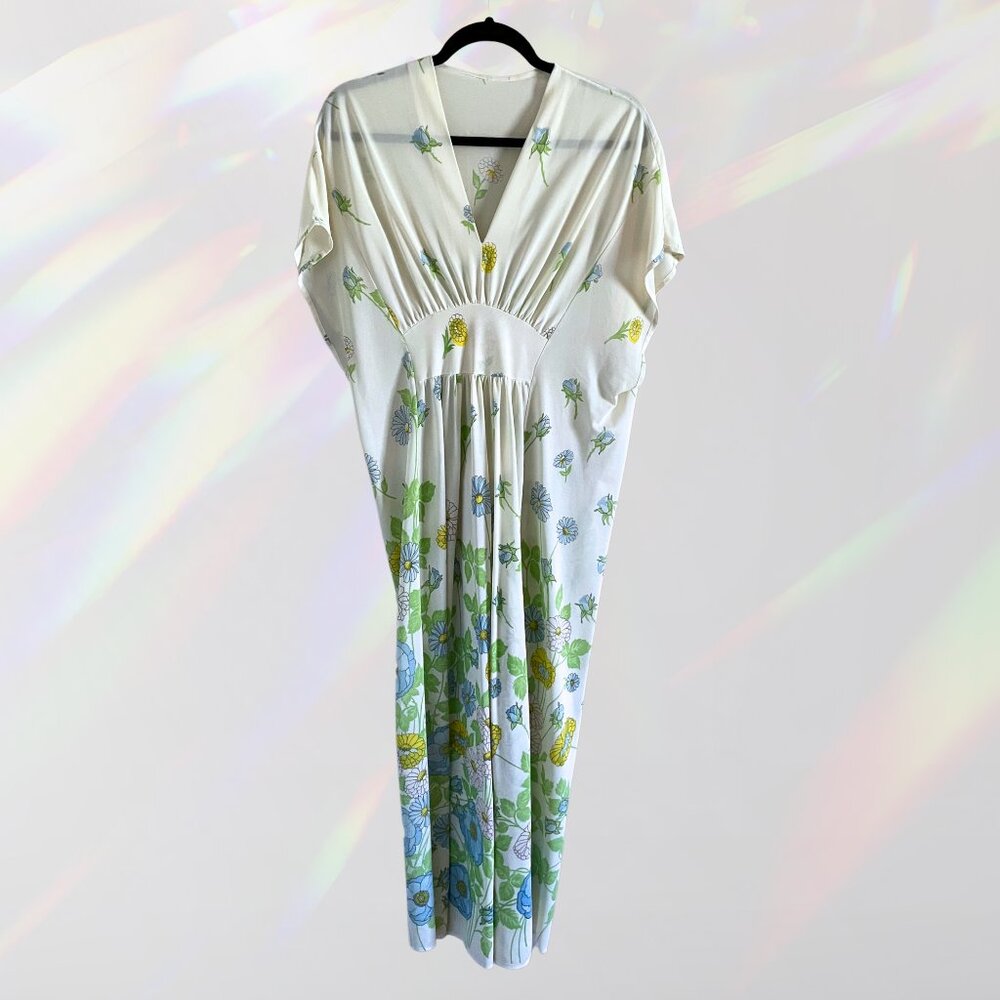 70s Floral Kaftan - Blue, Yellow, and White Flowers